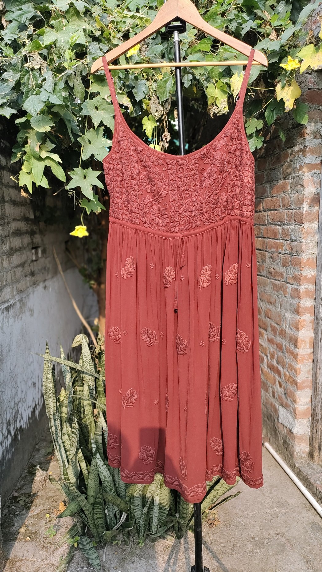 LVW Fashion luxurious Hershey Kiss premium georgette Chikankari tunic dress set, full view of intricate embroidery and elegant design.