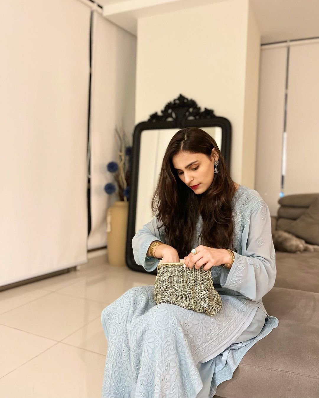 Gray Chikankari Gharara set by LVW Fashion Luxurious Look, featuring intricate embroidery and traditional styling.