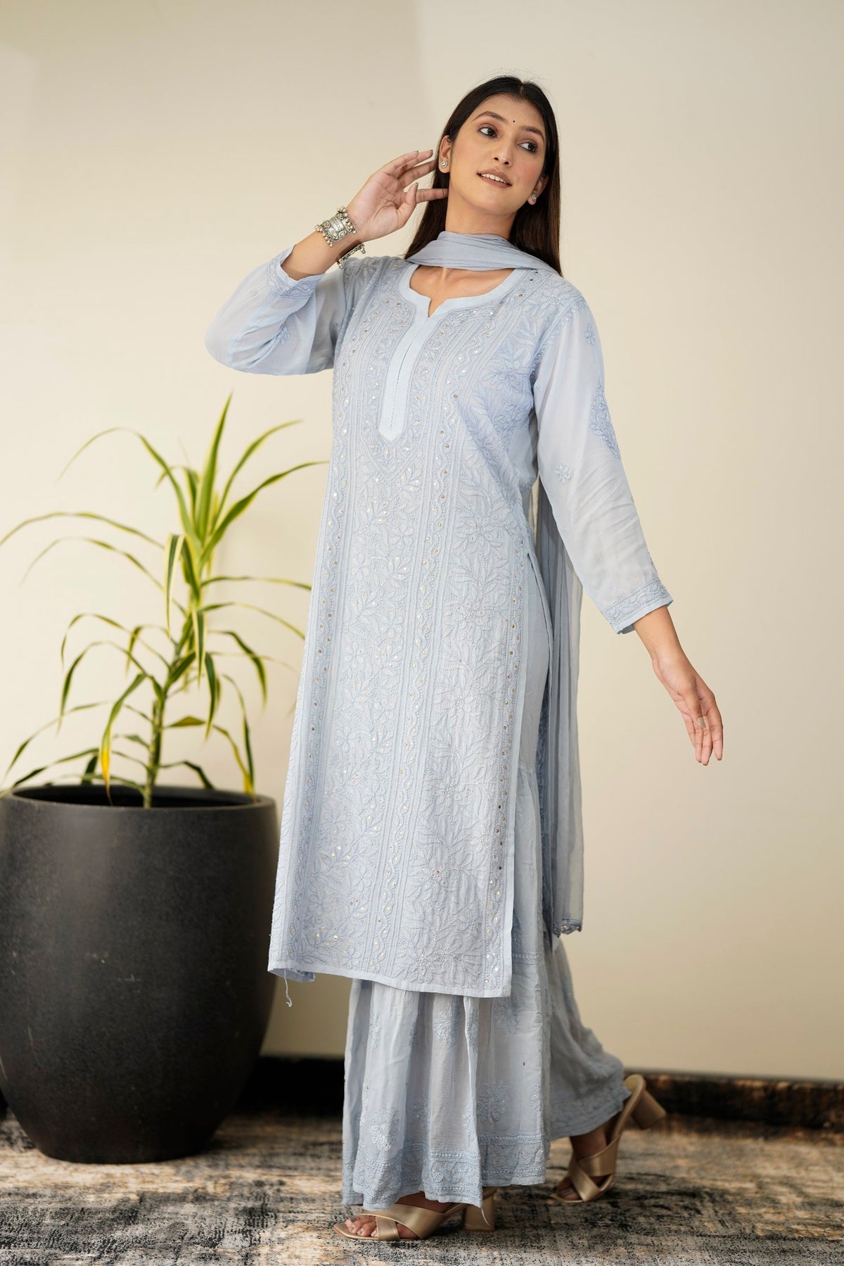 Gray Chikankari Gharara set by LVW Fashion Luxurious Look, featuring intricate embroidery and traditional style.