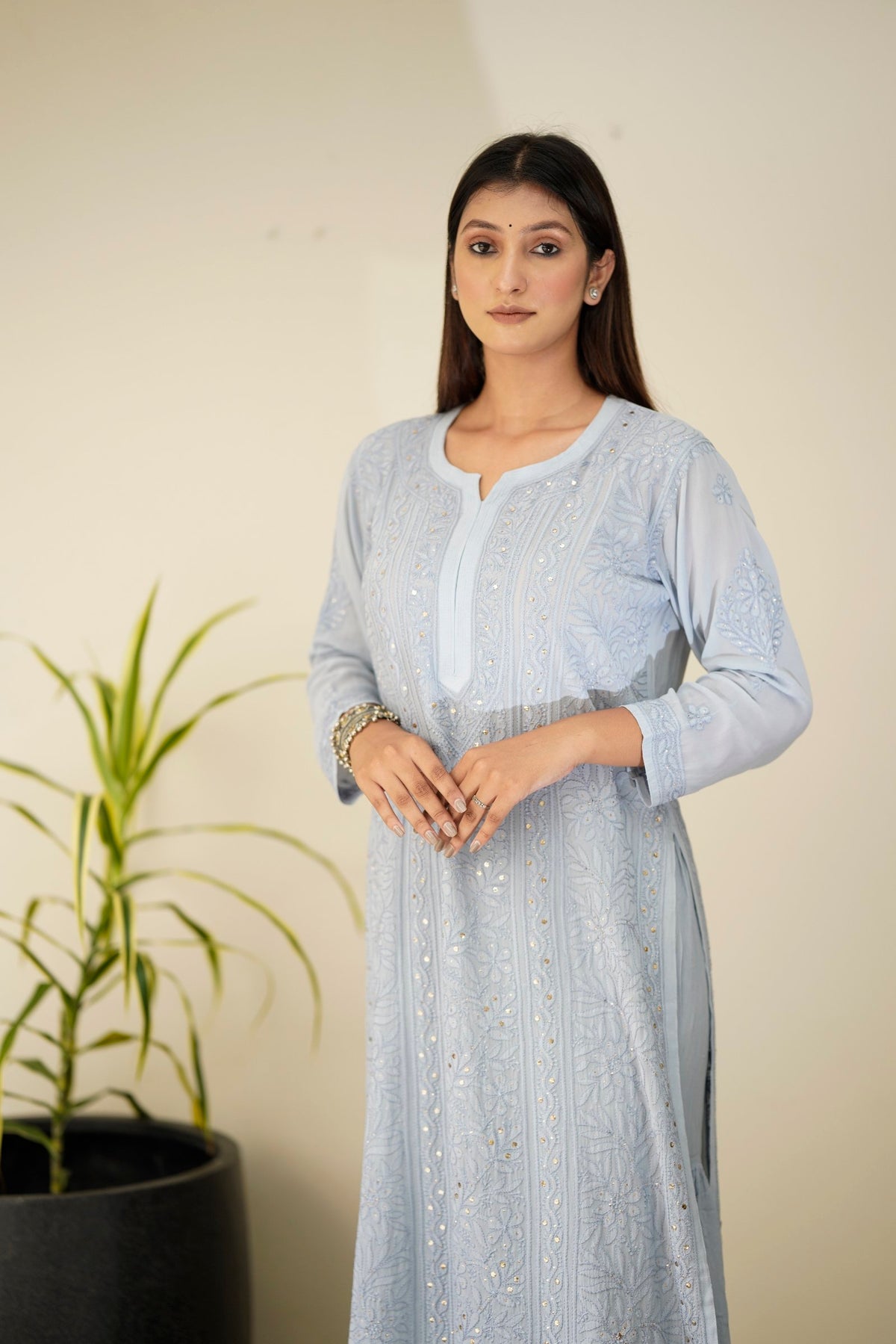 Gray Chikankari Gharara set from LVW Fashion, featuring intricate embroidery and a luxurious traditional look.
