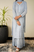 Gray Chikankari Gharara set by LVW Fashion Luxurious Look, featuring intricate embroidery and traditional style.