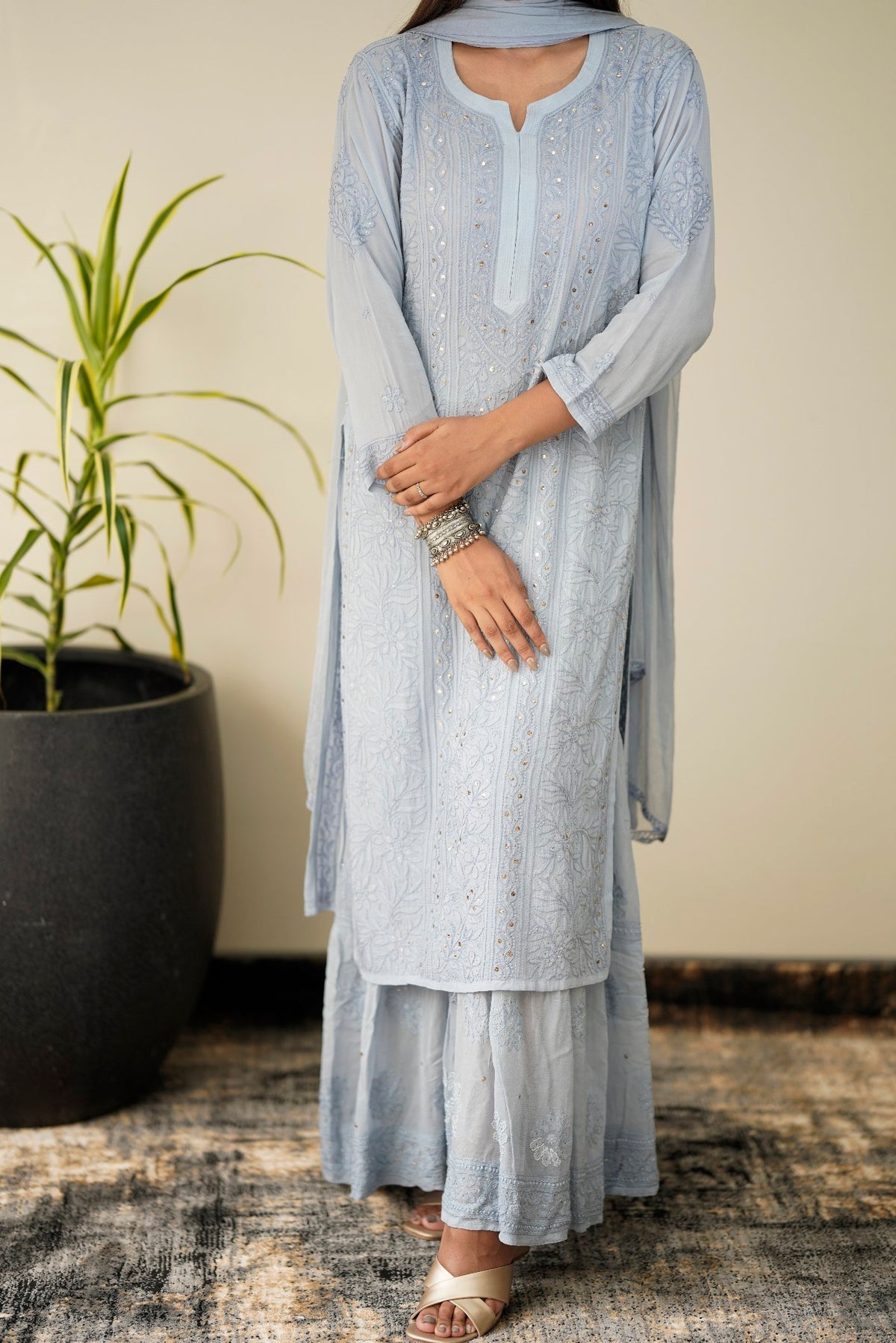 Gray Chikankari Gharara set by LVW Fashion Luxurious Look, featuring intricate embroidery and traditional style.