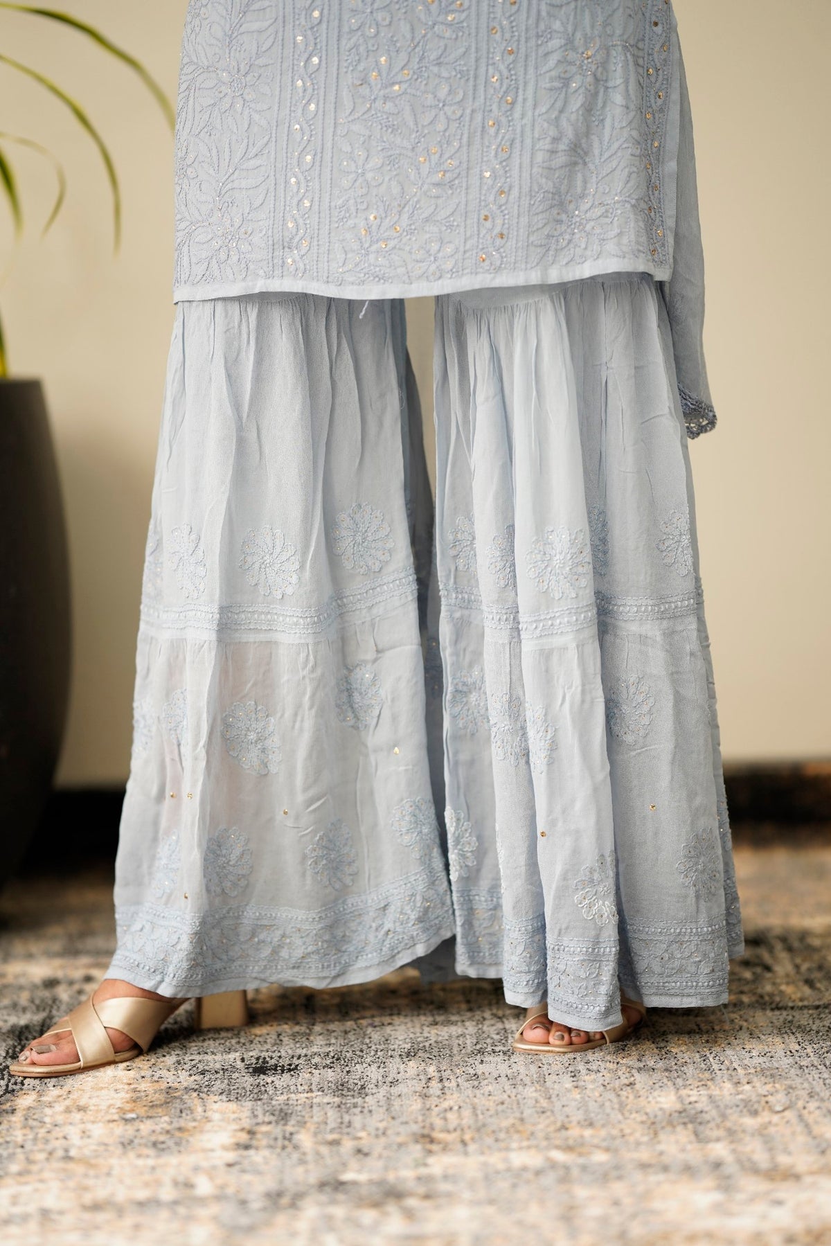 Gray Chikankari Gharara Set by LVW Fashion Luxurious Look, featuring intricate embroidery and traditional design.