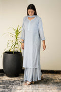 Gray Chikankari Gharara set by LVW Fashion Luxurious Hoorain with intricate embroidery and traditional design.
