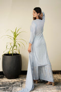 Gray Chikankari Gharara set by LVW Fashion Luxurious Look, featuring intricate embroidery and traditional styling.