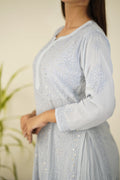 Gray Chikankari Gharara set by LVW Fashion Luxurious Look, featuring intricate embroidery and traditional styling.