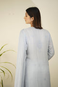 Gray Chikankari Gharara set by LVW Fashion Luxurious Hoorain with intricate embroidery and matching dupatta for a traditional look.