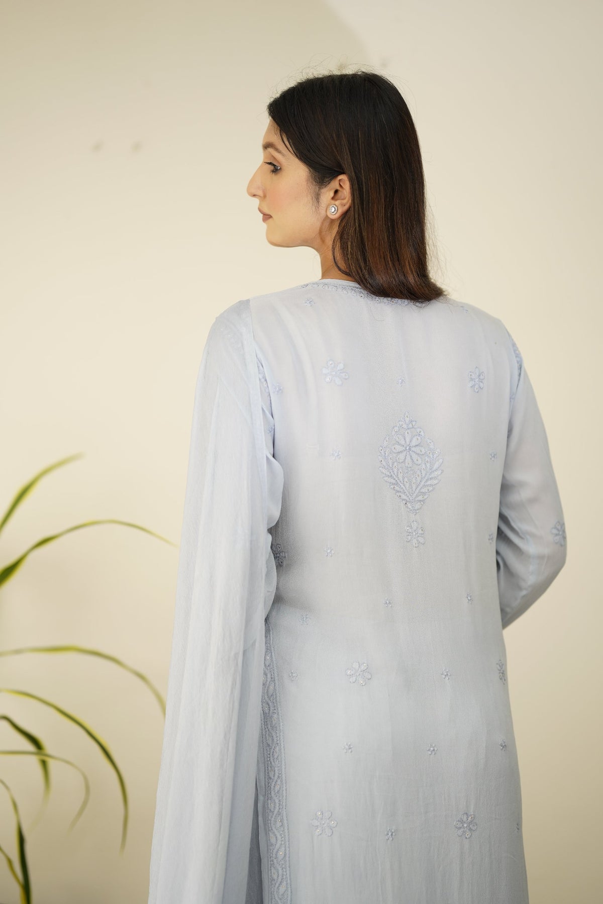Gray Chikankari Gharara set by LVW Fashion Luxurious Hoorain with intricate embroidery and matching dupatta for a traditional look.