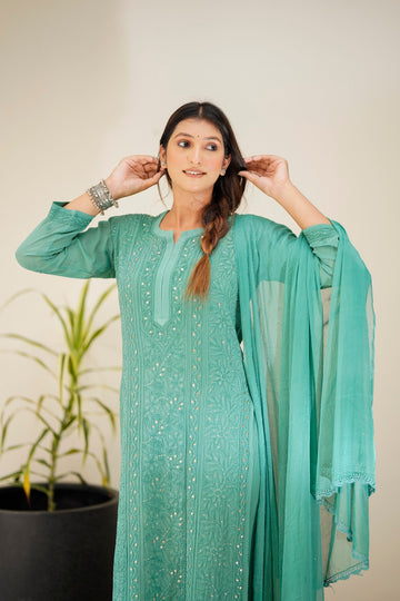 LVW Fashion Luxurious Chikankari Sharara Set in premium georgette with intricate embroidery, featuring a full traditional ensemble.