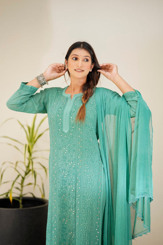 LVW Fashion Luxurious Chikankari Sharara Set in premium georgette with intricate embroidery, featuring a full traditional ensemble.