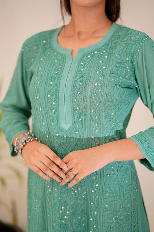 Full view of LVW Fashion Luxurious Chikankari Hoorain Georgette Sharara Set with intricate embroidery and elegant design.