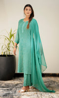 Luxurious Hoorain Georgette Chikankari Sharara Set by LVW Fashion, showcasing intricate embroidery and elegant design.