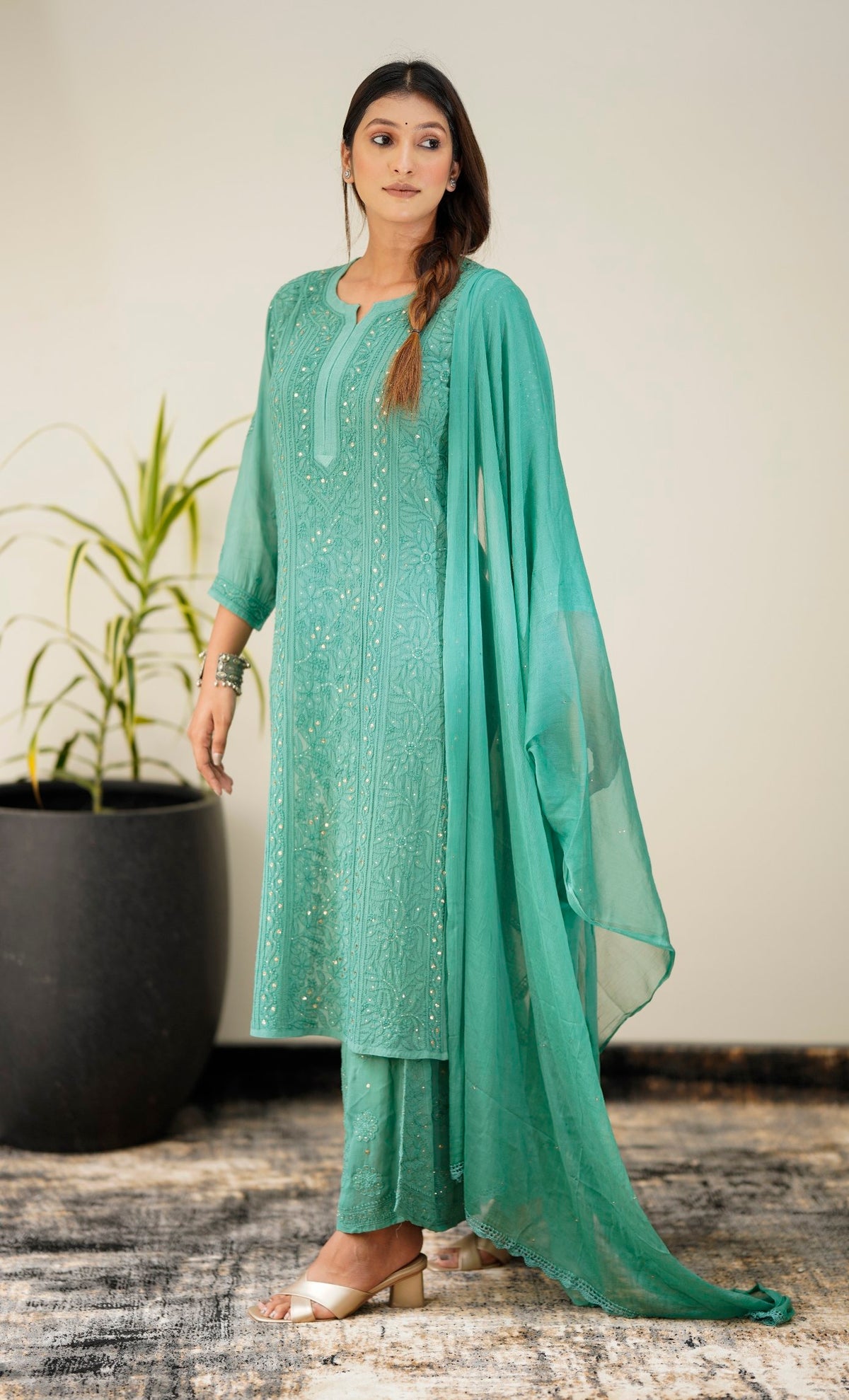 Luxurious Hoorain Georgette Chikankari Sharara Set by LVW Fashion, showcasing intricate embroidery and elegant design.
