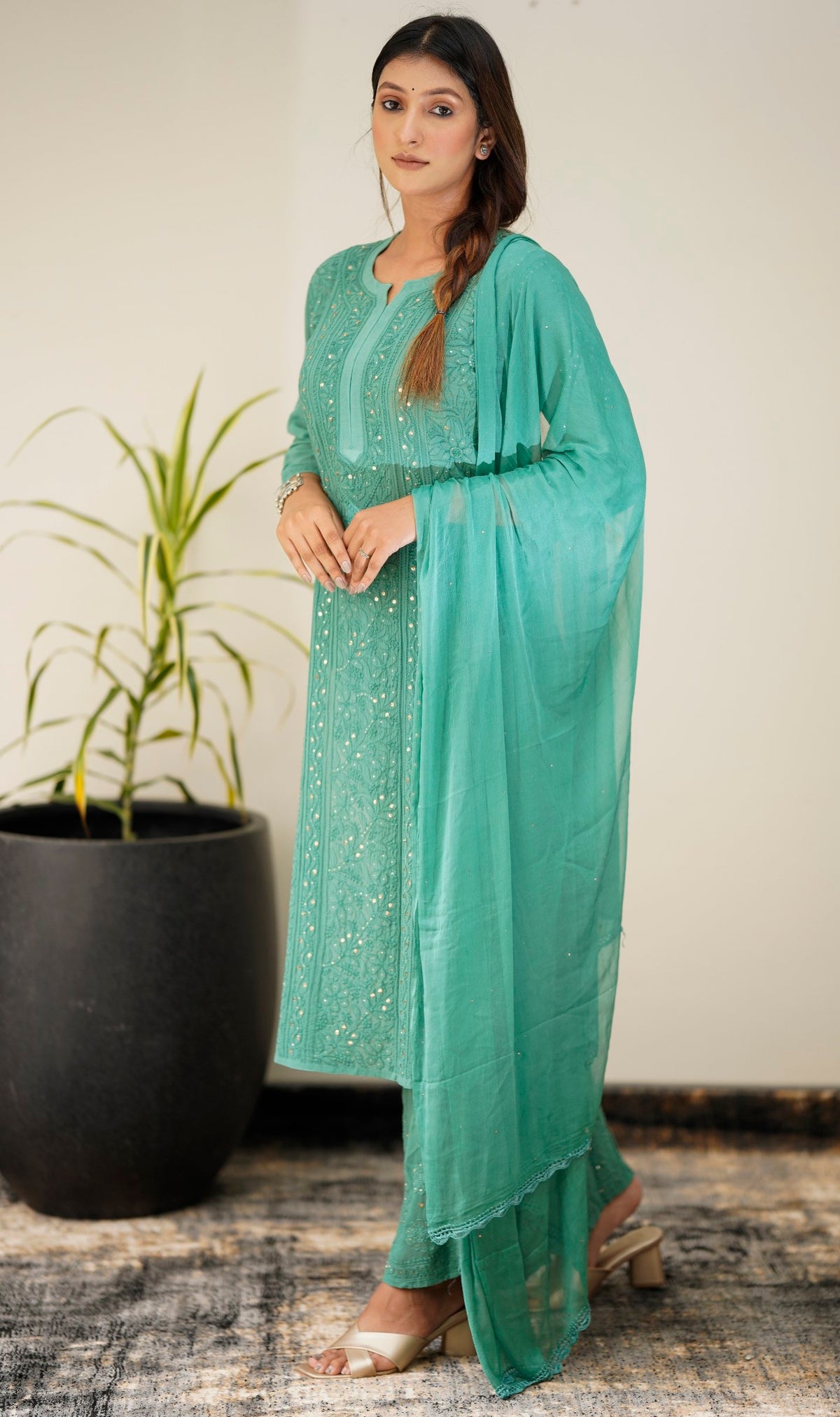 LVW Fashion Luxurious Chikankari Sharara Set in premium georgette with intricate embroidery, styled for a luxurious look.