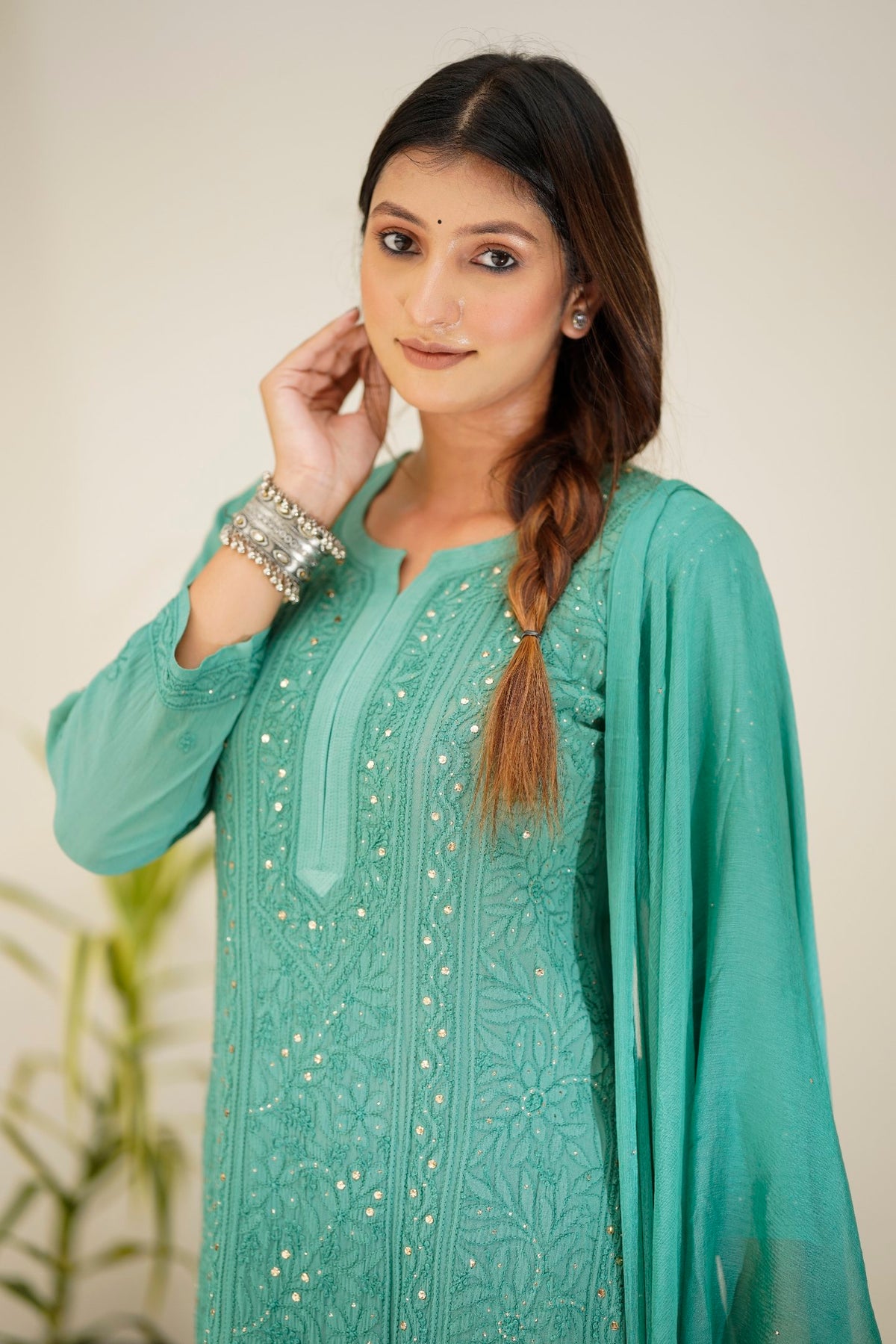 Luxurious Hoorain Georgette Chikankari Sharara Set by LVW Fashion, featuring intricate embroidery and elegant full-length design.