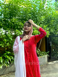 Hoorain red and white premium georgette Chikankari Sharara set by LVW Fashion, full traditional outfit with intricate embroidery.