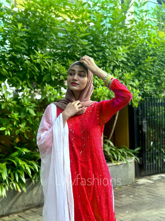 Hoorain red and white premium georgette Chikankari Sharara set by LVW Fashion, full traditional outfit with intricate embroidery.