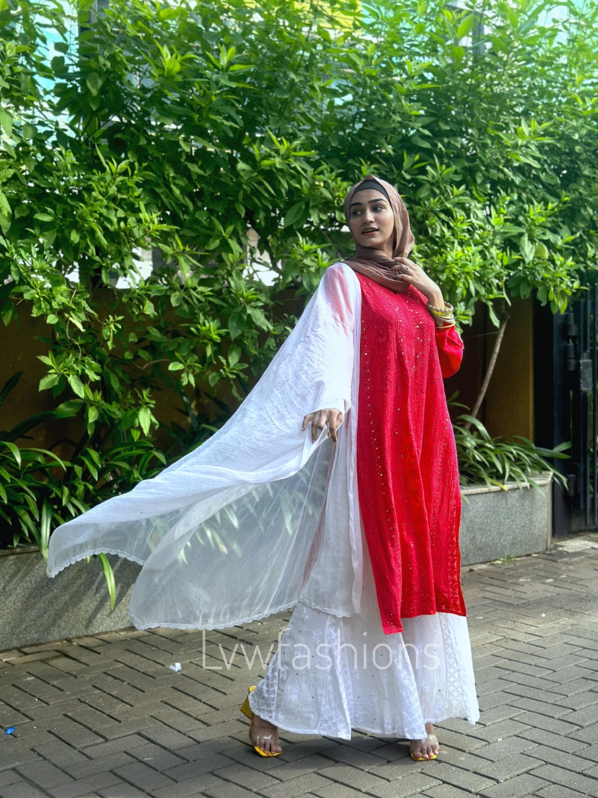 Hoorain red and white premium georgette Chikankari sharara set by LVW Fashion, full traditional embroidered ensemble with matching dupatta