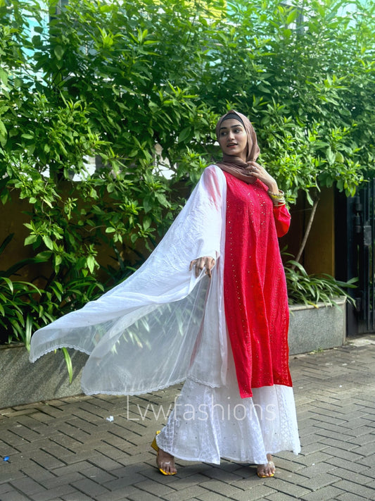 Hoorain red and white premium georgette Chikankari sharara set by LVW Fashion, full traditional embroidered ensemble with matching dupatta