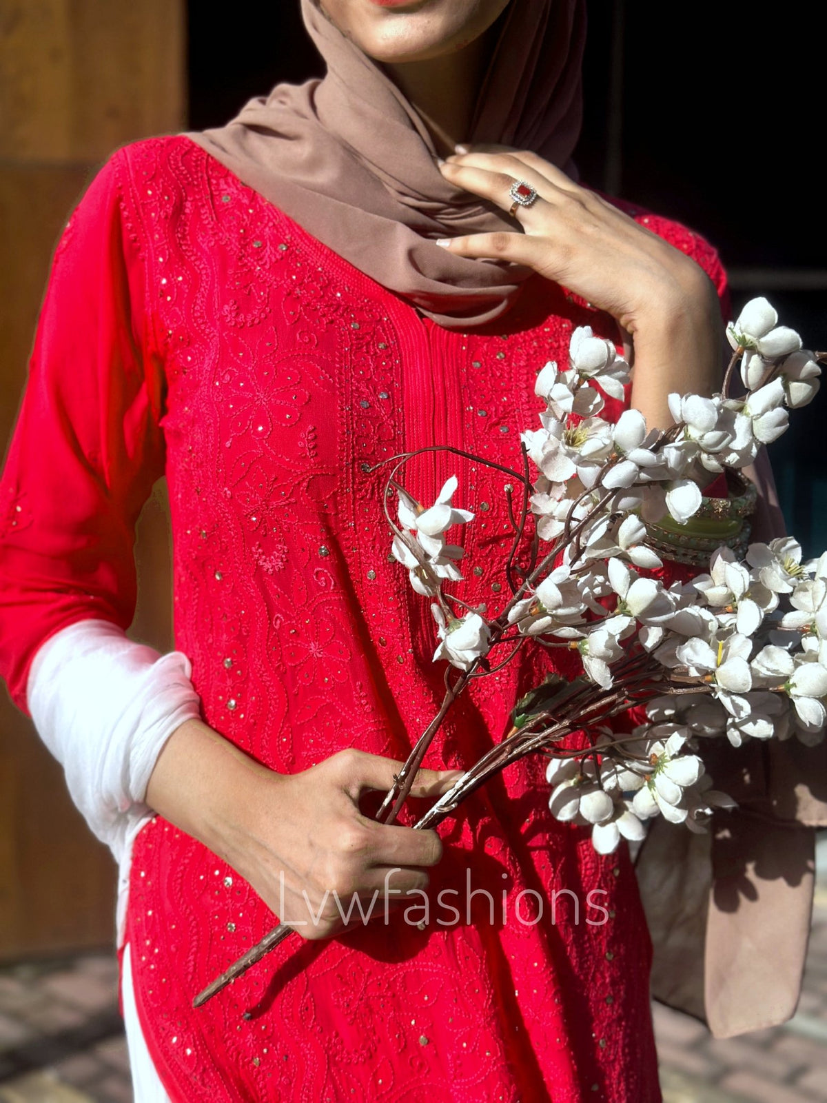 Hoorain red and white premium georgette Chikankari sharara set by LVW Fashion, full traditional embroidered Indian attire.