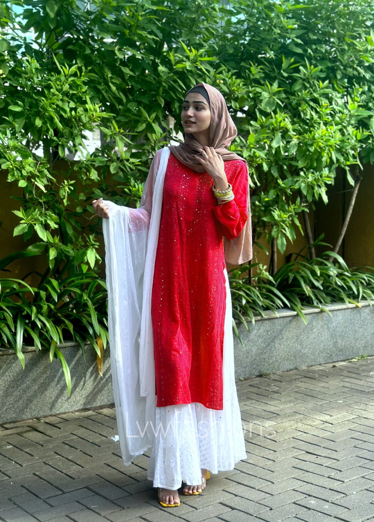 Hoorain red and white premium georgette Chikankari sharara set by LVW Fashion with intricate embroidery, full traditional ensemble.