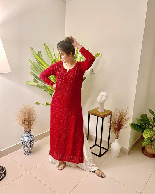Laal premium georgette long kurta with intricate chikankari and mukaish embroidery, paired with matching slip, by LVW Fashion Luxurious Chikankari.