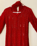 Laal premium georgette long kurta with intricate chikankari and mukaish embroidery, paired with a matching slip, from LVW Fashion.