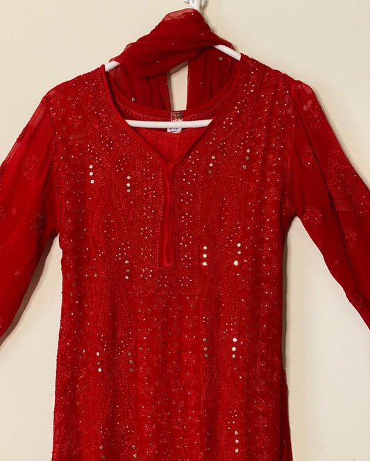 Laal premium georgette long kurta with intricate chikankari and mukaish embroidery, paired with a matching slip, from LVW Fashion.