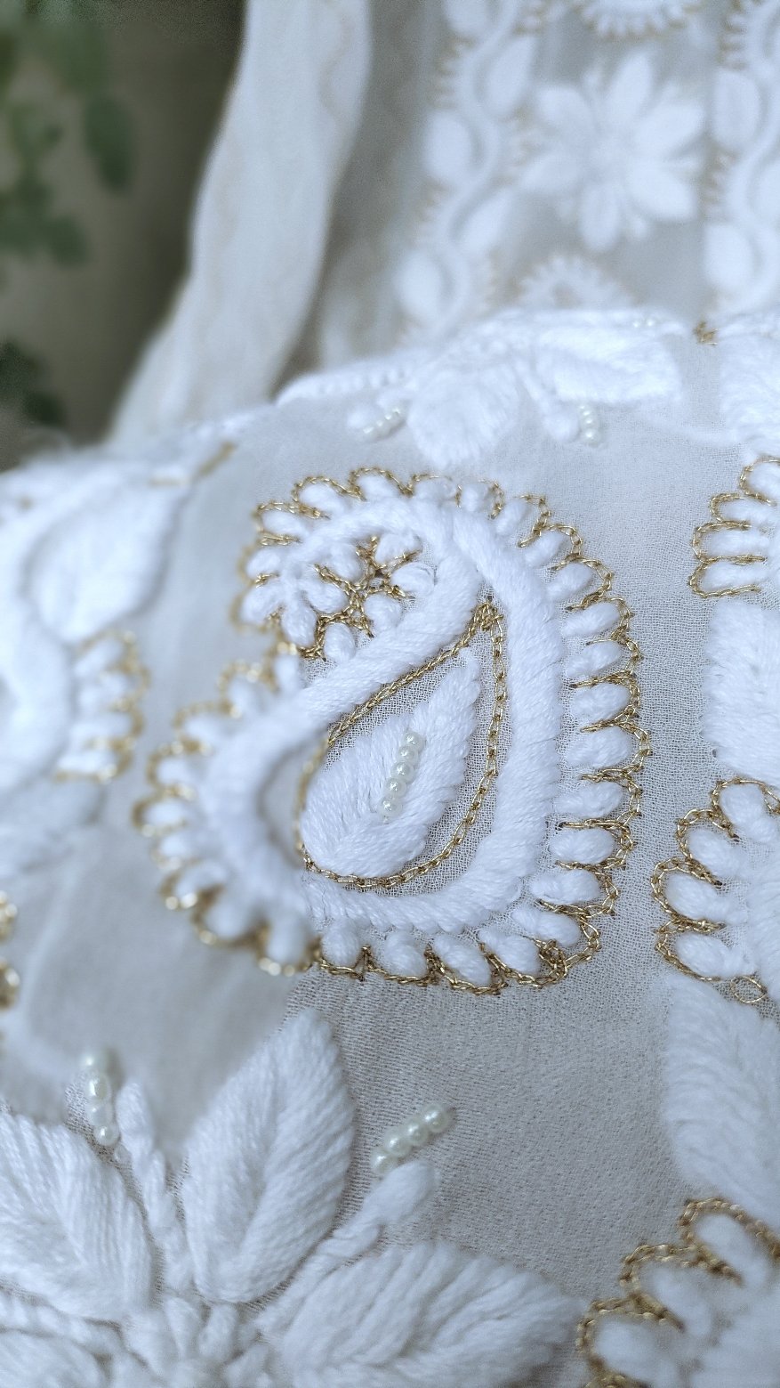 Luxurious Look premium georgette Chikankari Kurta set with pearls, Kasab embroidery, silk slip by LVW Fashion Luxurious Chikankari.