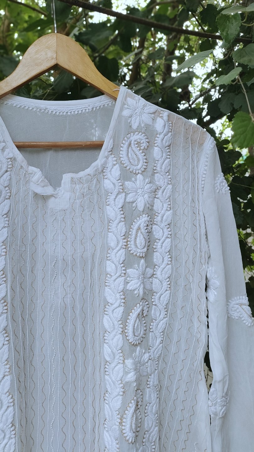 Luxurious LVW Fashion Luxurious Chikankari kurta set with pearls, Kasab embroidery, georgette fabric, and silk slip for elegant style.