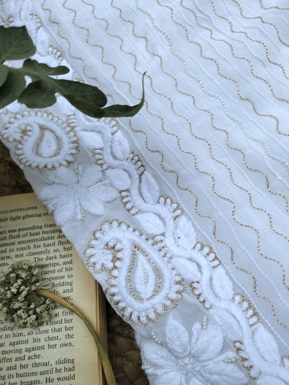 Luxurious Look Premium Georgette Chikankari Kurta Set with pearls, Kasab embroidery, and silk slip by LVW Fashion Luxurious Chikankari.