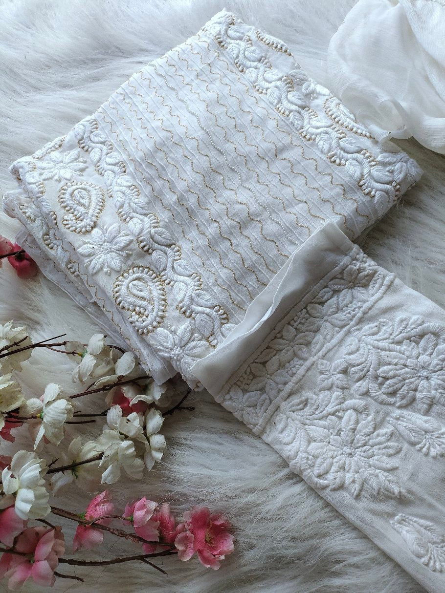 Luxurious Look premium georgette Chikankari kurta set with pearls, Kasab embroidery, and silk slip by LVW Fashion Luxurious Chikankari.