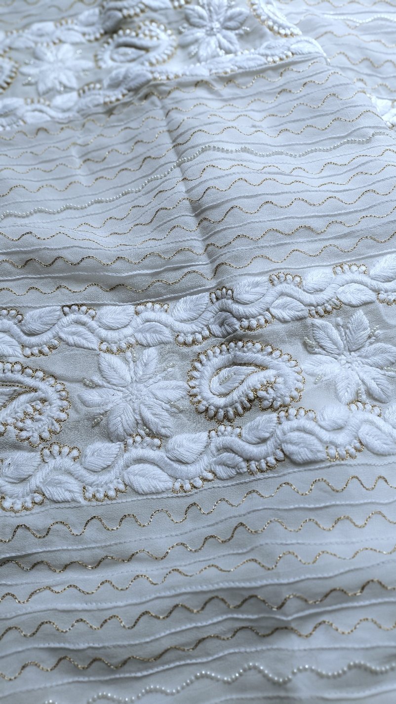 Luxurious look premium georgette Chikankari kurta set with pearls and Kasab embroidery, includes silk slip, by LVW Fashion Luxurious Chikankari.