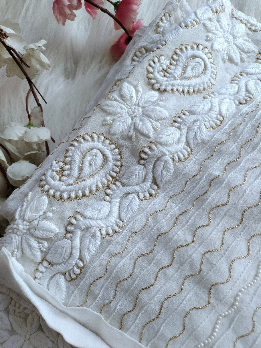 Luxurious look premium georgette Chikankari kurta set with pearls and Kasab embroidery, includes silk slip, by LVW Fashion Luxurious Chikankari.