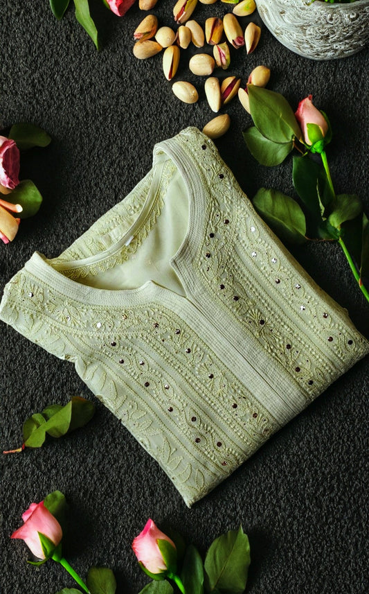 LVW Fashion Luxurious Chikankari Pista Sunflower Embroidered Kurta with Kamdani add-on, full set showing intricate embroidery details.