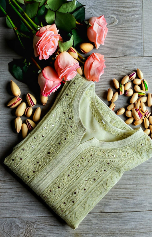 LVW Fashion luxurious chikankari Pista Sunflower embroidery kurta with Kamdani add-on, full set, traditional Indian outfit.