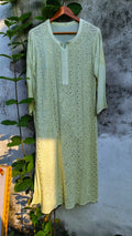 LVW Fashion Luxurious Chikankari Pista Sunflower Embroidered Kurta with Kamdani add-on, full set, showcasing intricate embroidery details.