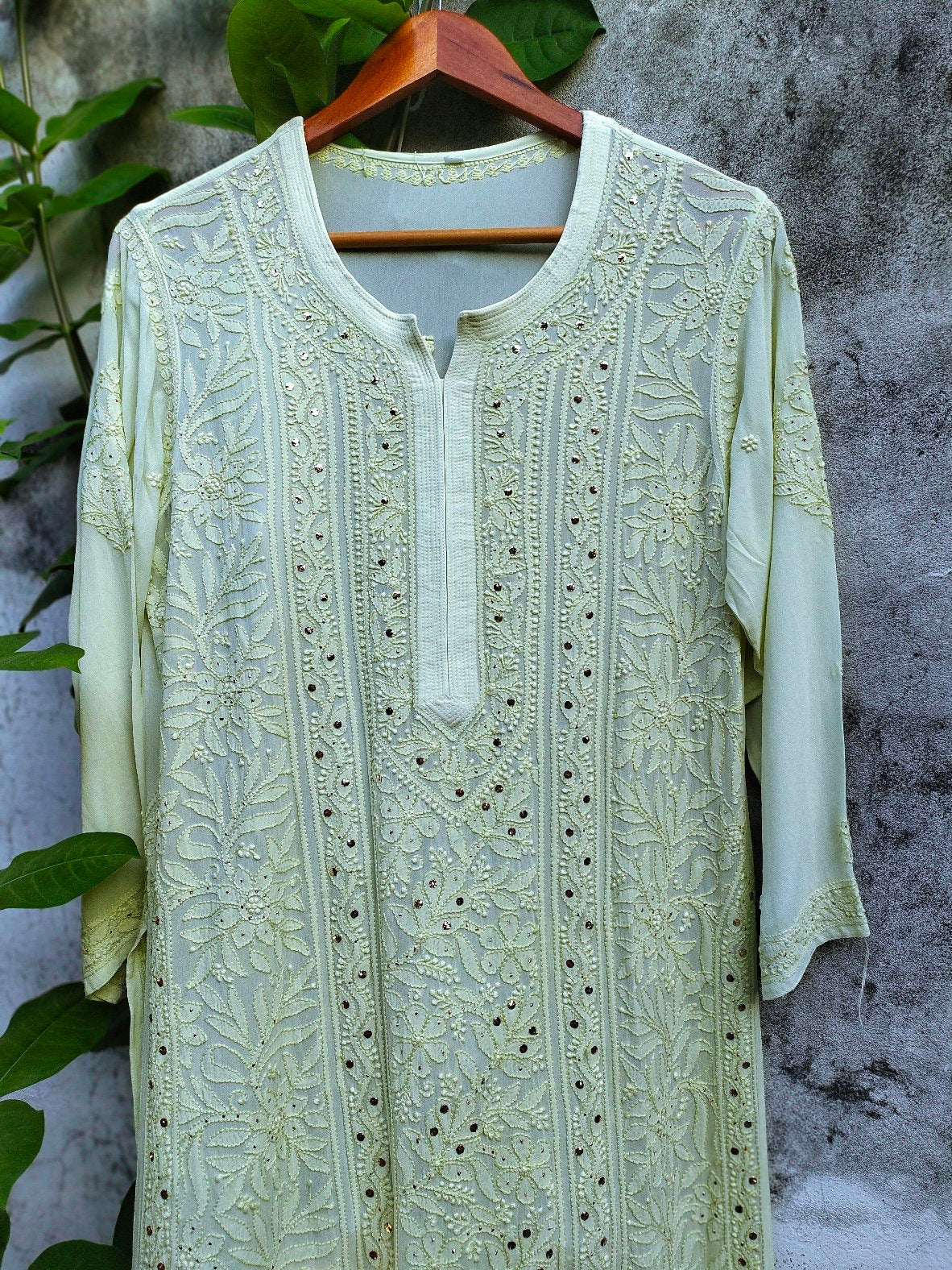 LVW Fashion Luxurious Chikankari Pista Sunflower Embroidery Kurta with Kamdani add-on, full set, traditional Indian embroidery ensemble