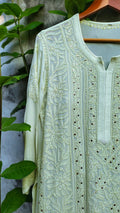 LVW Fashion Luxurious Chikankari Pista Sunflower embroidery kurta with Kamdani add-on, full set showcasing intricate detailing.