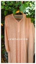Powder peach premium georgette Chikankari suit by LVW Fashion, featuring intricate embroidery and a full traditional set.