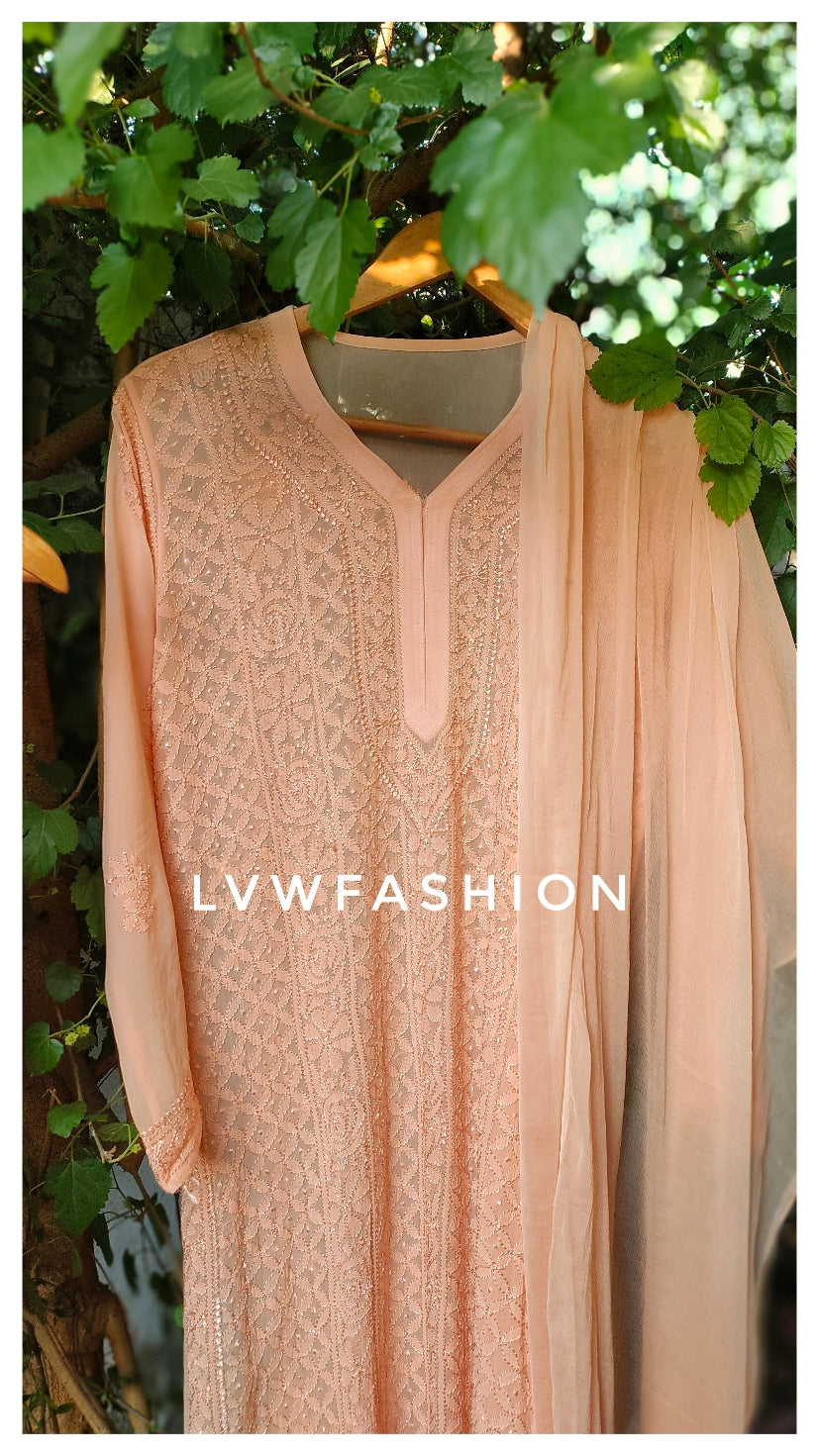Powder peach premium georgette Chikankari suit by LVW Fashion, featuring intricate embroidery and a full traditional set.