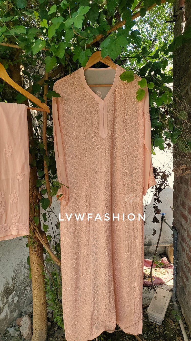 Powder peach Premium Georgette Chikankari suit by LVW Fashion, full set with intricate hand-embroidery and elegant design.