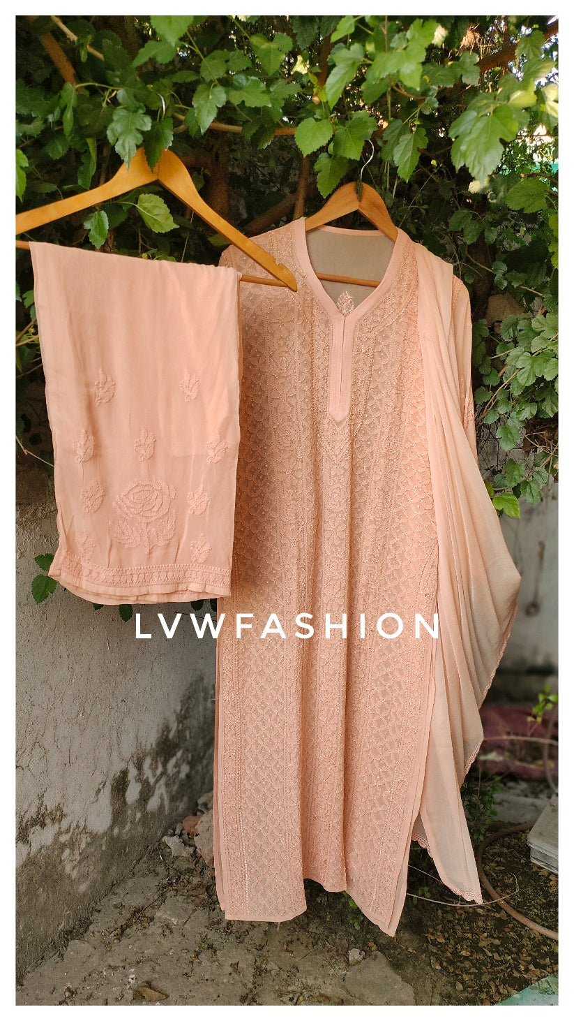 Powder peach premium georgette Chikankari suit with intricate embroidery, full set, by LVW Fashion Luxurious Chikankari.