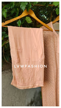 LVW Fashion Powder Peach Premium Georgette Chikankari Suit with intricate embroidery and full set, showcasing elegant traditional craftsmanship.