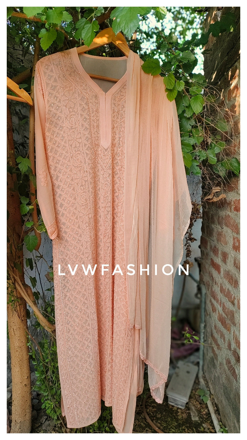 Powder peach premium georgette Chikankari suit by LVW Fashion with intricate embroidery, full set including kurta, dupatta, and bottoms.