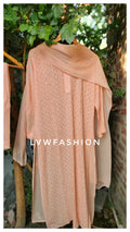 Powder peach premium georgette Chikankari suit by LVW Fashion with intricate embroidery, full set including top, bottoms, and dupatta.