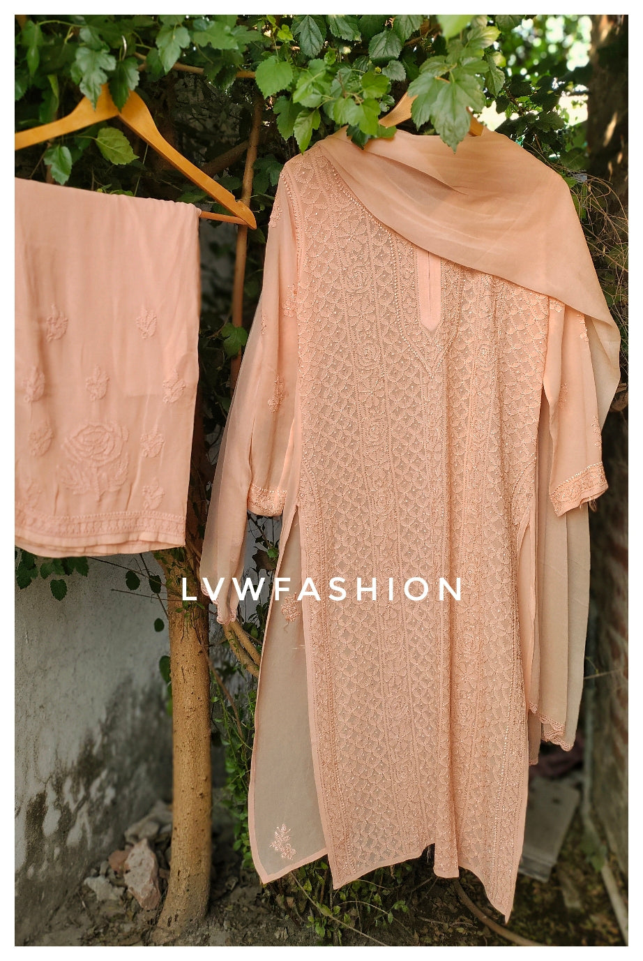 Powder peach georgette Chikankari suit by LVW Fashion, full set with intricate hand embroidery and traditional styling.