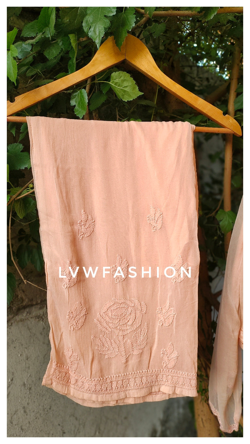 Powder peach premium georgette Chikankari suit with intricate embroidery, full set by LVW Fashion Luxurious Chikankari.
