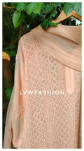 Powder Peach Premium Georgette Chikankari Suit by LVW Fashion, full set with intricate hand-embroidered chikankari details.