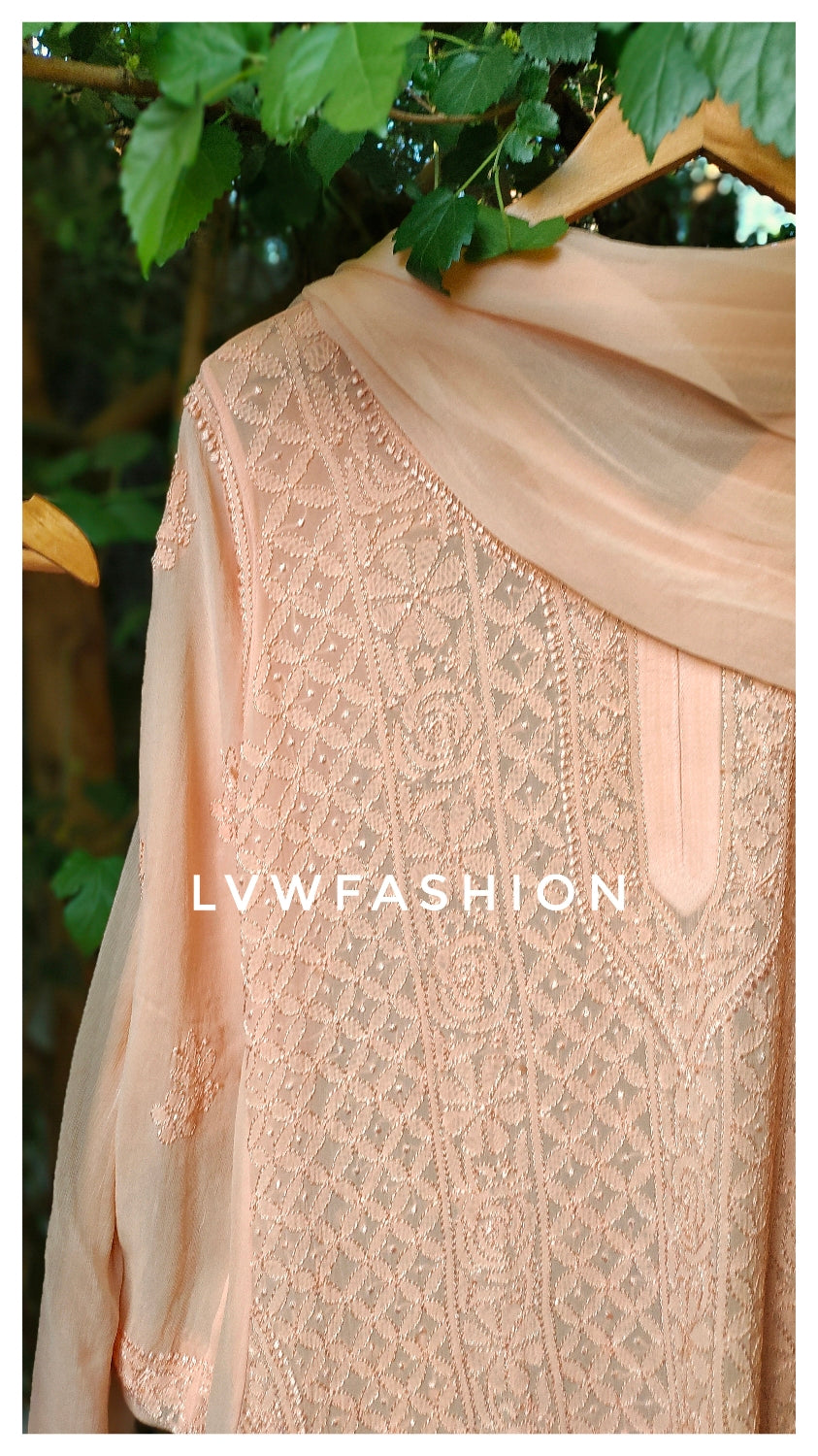 Powder Peach Premium Georgette Chikankari Suit by LVW Fashion, full set with intricate hand-embroidered chikankari details.